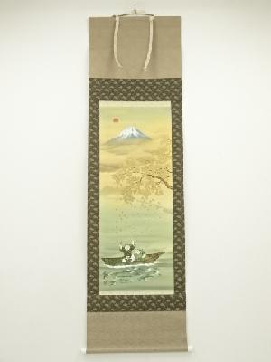 鉄堂筆　藻を刈る之図　肉筆絹本掛軸（箱付）